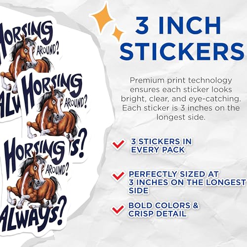 (3 Pack) Funny Horse Decals - Horsey Humor - Laptop Decal - 3 Inches On Longest Side - Easy Peel & Apply - Made in USA - 3MCS2740