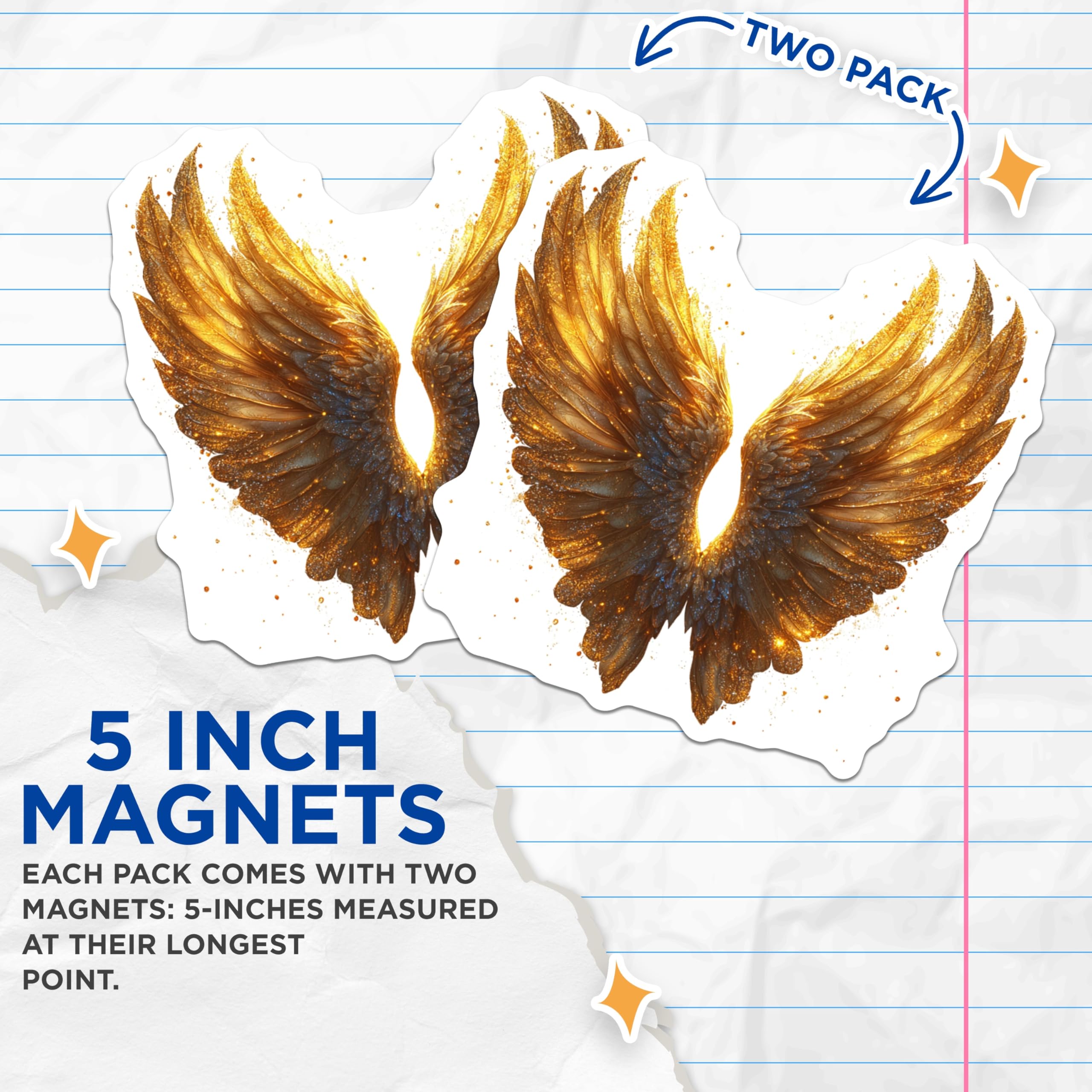 (2 Pack) Golden Wings Magnets - Angelic Sparkle Decor - Fantasy Mythical Celestial Art for Home - 5 Inches On Longest Side - Thick Durable Magnet - Made in USA - MAG25654