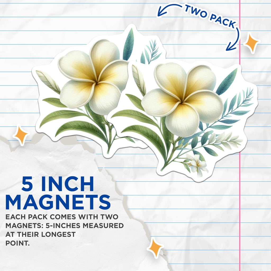 (2 Pack) Plumeria Magnets - Tropical Flower Art - Hawaiian Bloom Decor - Refrigerator Fridge Magnets - 5 Inches On Longest Side - Thick Durable Magnet - Made in USA - MAG20908