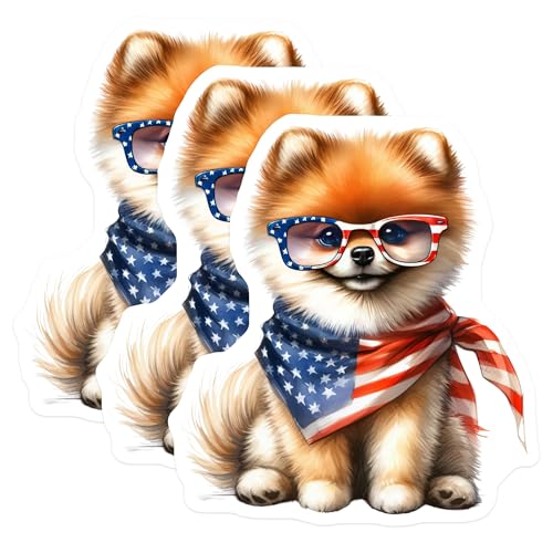 (3 Pack) Pomeranian American Flag Decals - Cute Puppy Decal - Laptop Decals - 3 Inches On Longest Side - Easy Peel & Apply - Made in USA - 3MCS6025