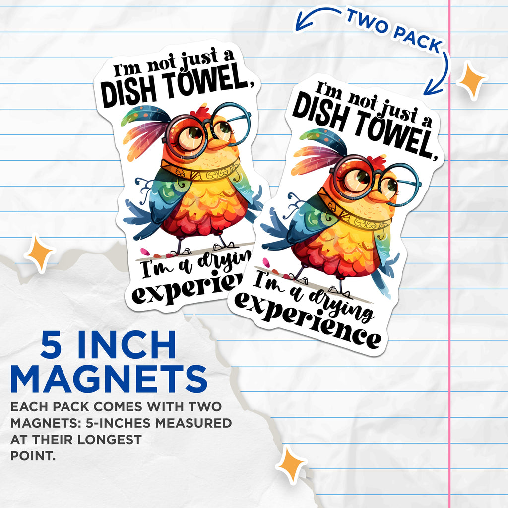 (2 Pack) Humorous Kitchen Magnets - Funny Dish Towel Pun - Quirky Bird Refrigerator Decor - 5 Inches On Longest Side - Thick Durable Magnet - Made in USA - MAG38985