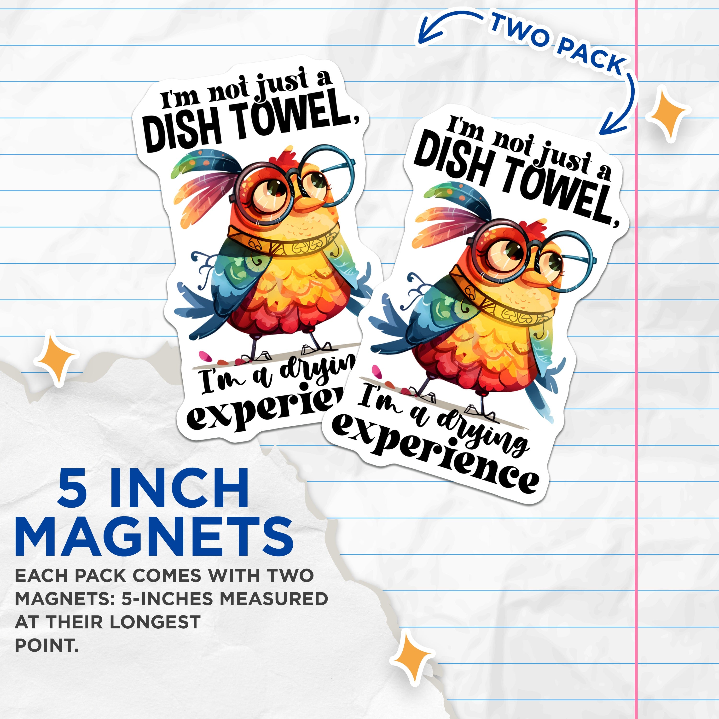 (2 Pack) Humorous Kitchen Magnets - Funny Dish Towel Pun - Quirky Bird Refrigerator Decor - 5 Inches On Longest Side - Thick Durable Magnet - Made in USA - MAG38985