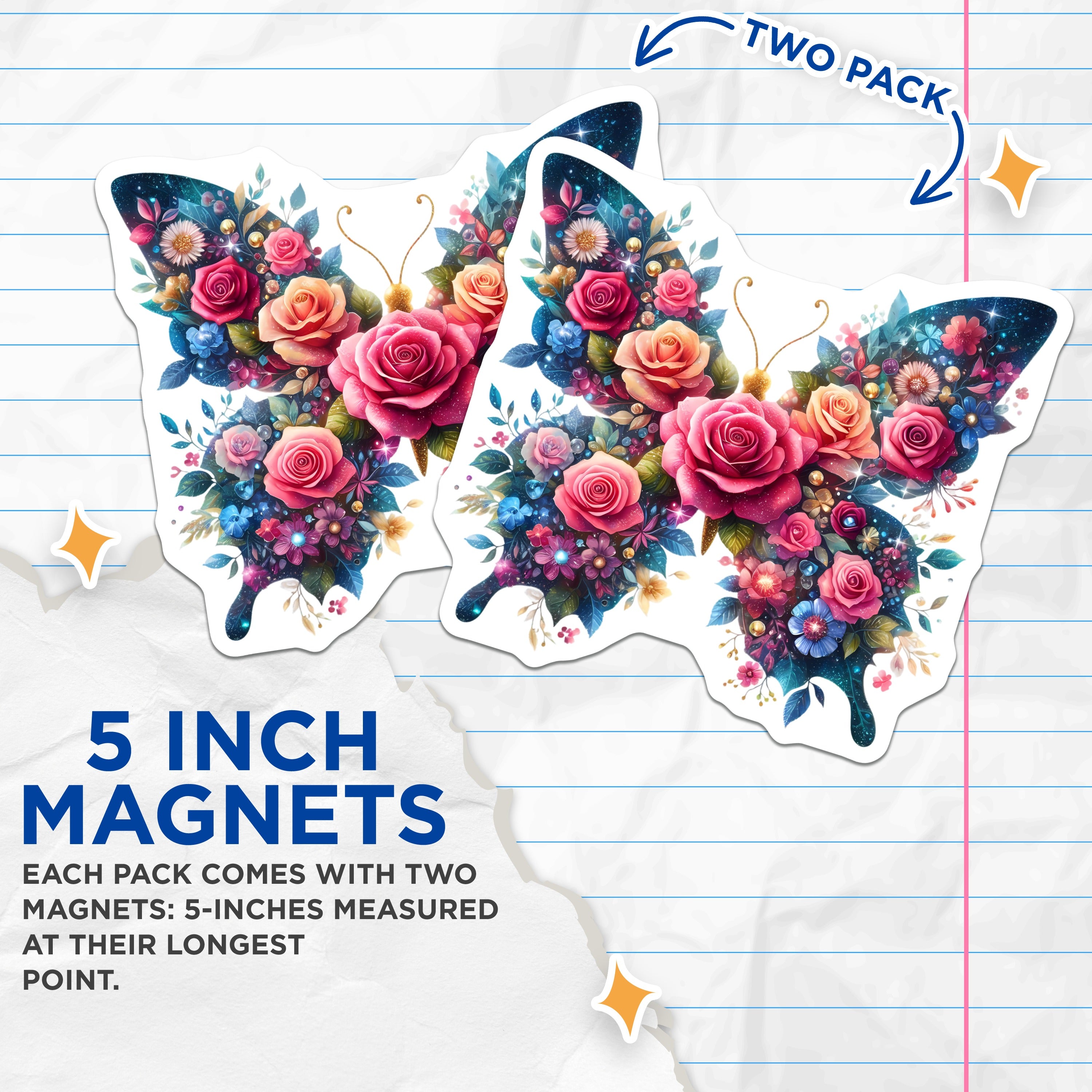 (2 Pack) Floral Butterfly Magnets - Enchanted Rose Design - Whimsical Refrigerator Decor - 5 Inches On Longest Side - Thick Durable Magnet - Made in USA - MAG37633