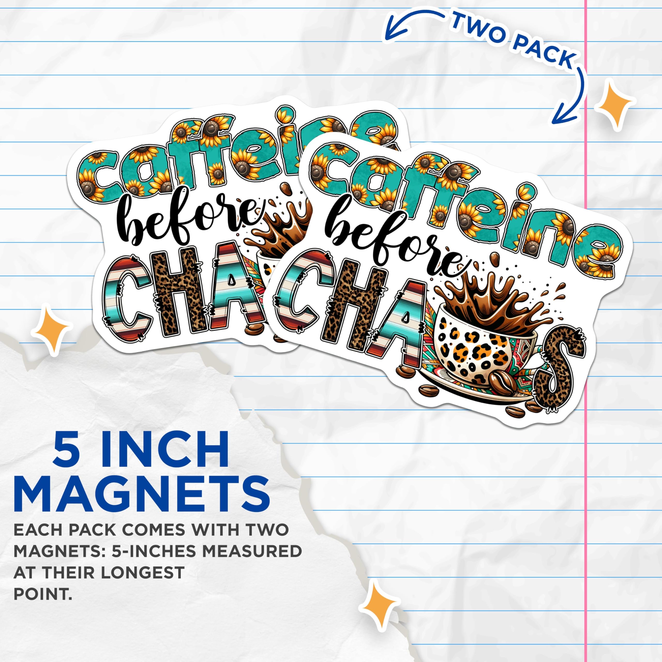 (2 Pack) Caffeine Before Chaos Magnets - Coffee Humor - Funny Kitchen Decor - 5" On Longest Side - for Cars, Fridges, Toolboxes - Made in USA - MAG7533