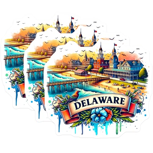 (3 Pack) Delaware Decals - Beach City Stickers - Vacation Souvenir Decal- 3 Inches On Longest Side - Easy Peel & Apply - Made in USA - 3MCS5579