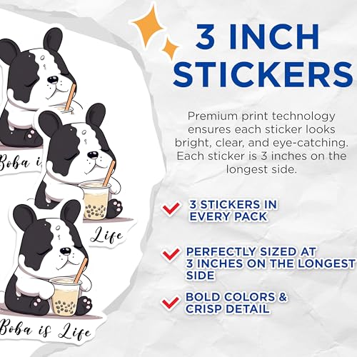 (3 Pack) Boba Bulldog Decals - Bubble Tea Lover - Laptop Decals - 3 Inches On Longest Side - Easy Peel & Apply - Made in USA - 3MCS6520