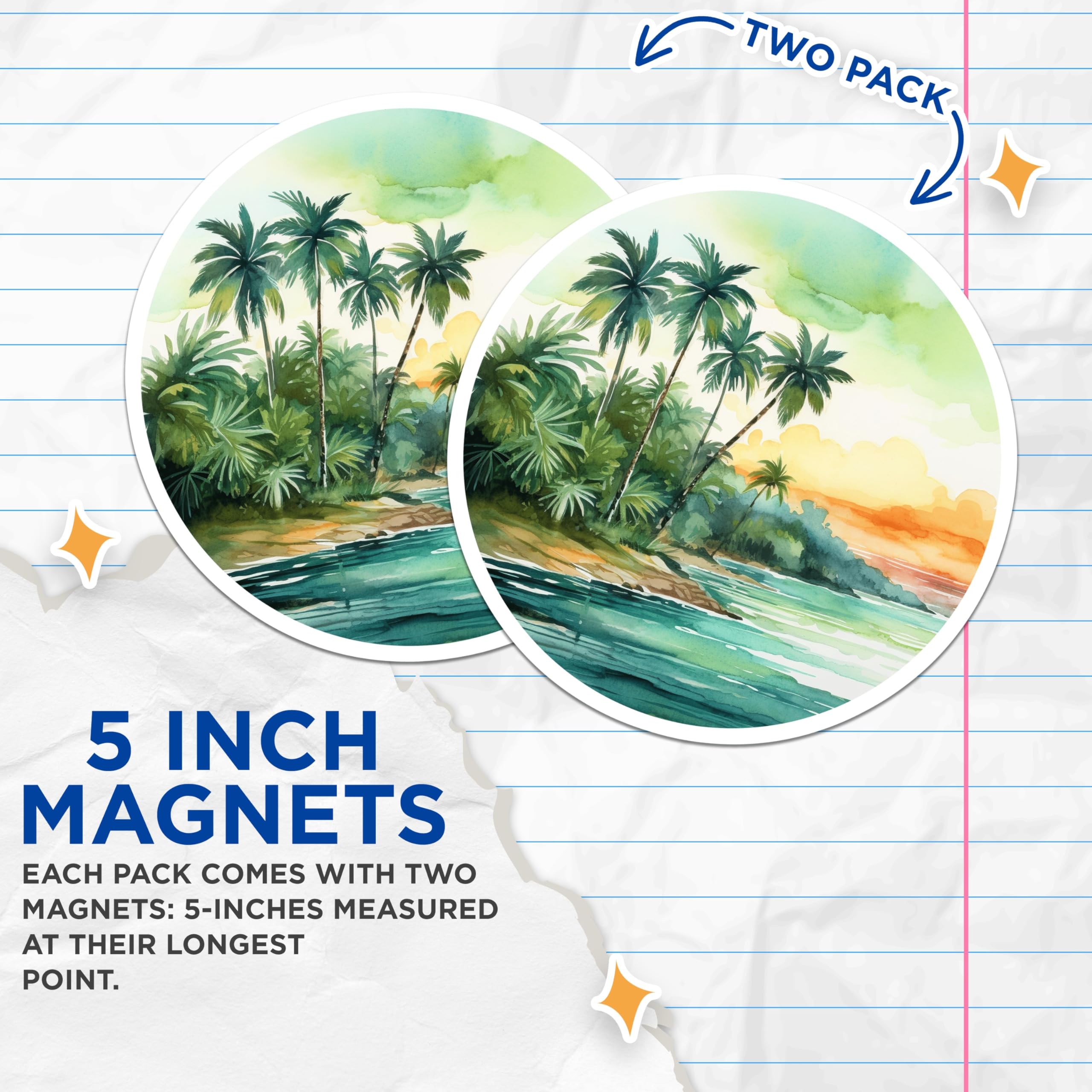 (2 Pack) Tropical Beach Scene Magnets - Watercolor Island Landscape Decor - Coastal Palm Tree Sunset Art - 5 Inches On Longest Side - Thick Durable Magnet - Made in USA - MAG20047