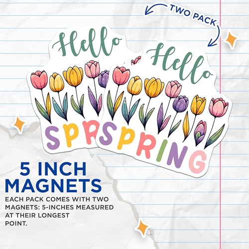 (2 Pack) Hello Spring Magnets - Floral Art Decor - 5" On Longest Side - for Cars, Fridges, Toolboxes - Made in USA - MAG8010