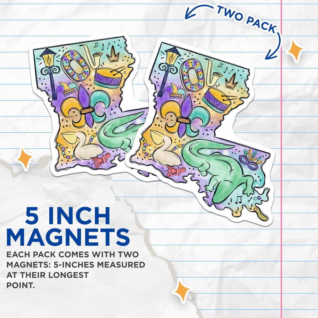 (2 Pack) Louisiana Mardi Gras Magnets - Colorful Louisiana State Magnet - Alligator Magnet - Musical Theme Magnet - 5" On Longest Side - for Cars, Fridges, Toolboxes - Made in USA - MAG4129