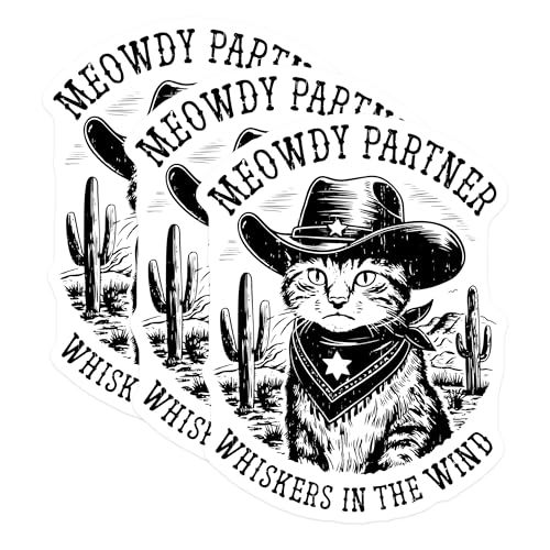 (3 Pack) Cat Cowboy Decals - Meowdy Partner - Western Kitty Laptop Decal - 3 Inches On Longest Side - Easy Peel & Apply - Made in USA - 3MCS2215