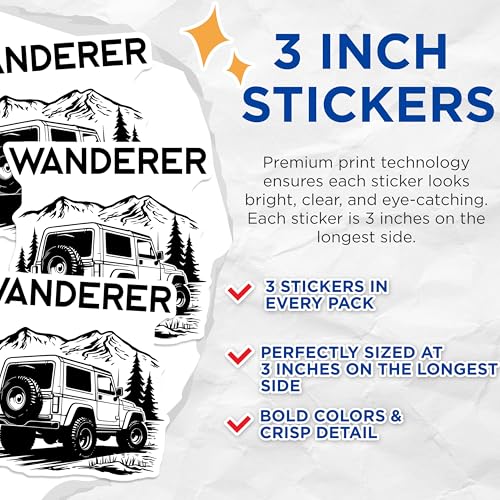 (3 Pack) Wanderer Offroad Decals - Mountain Adventure - 4x4 Vehicle - 3 Inches On Longest Side - Easy Peel & Apply - Made in USA - 3MCS4659