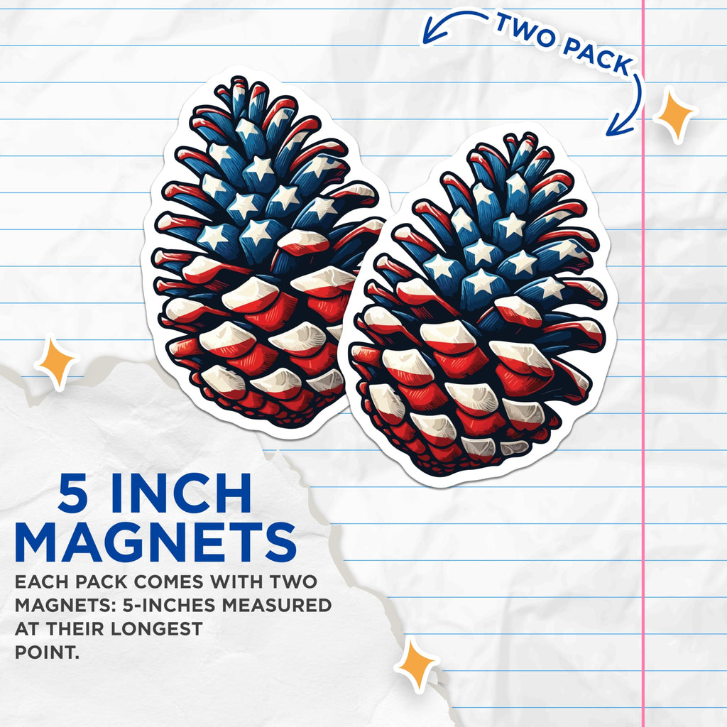 (2 Pack) Patriotic Pinecone Magnets - American Flag Decor - 4th of July Celebration - 5 Inches On Longest Side - Thick Durable Magnet - Made in USA - MAG20098