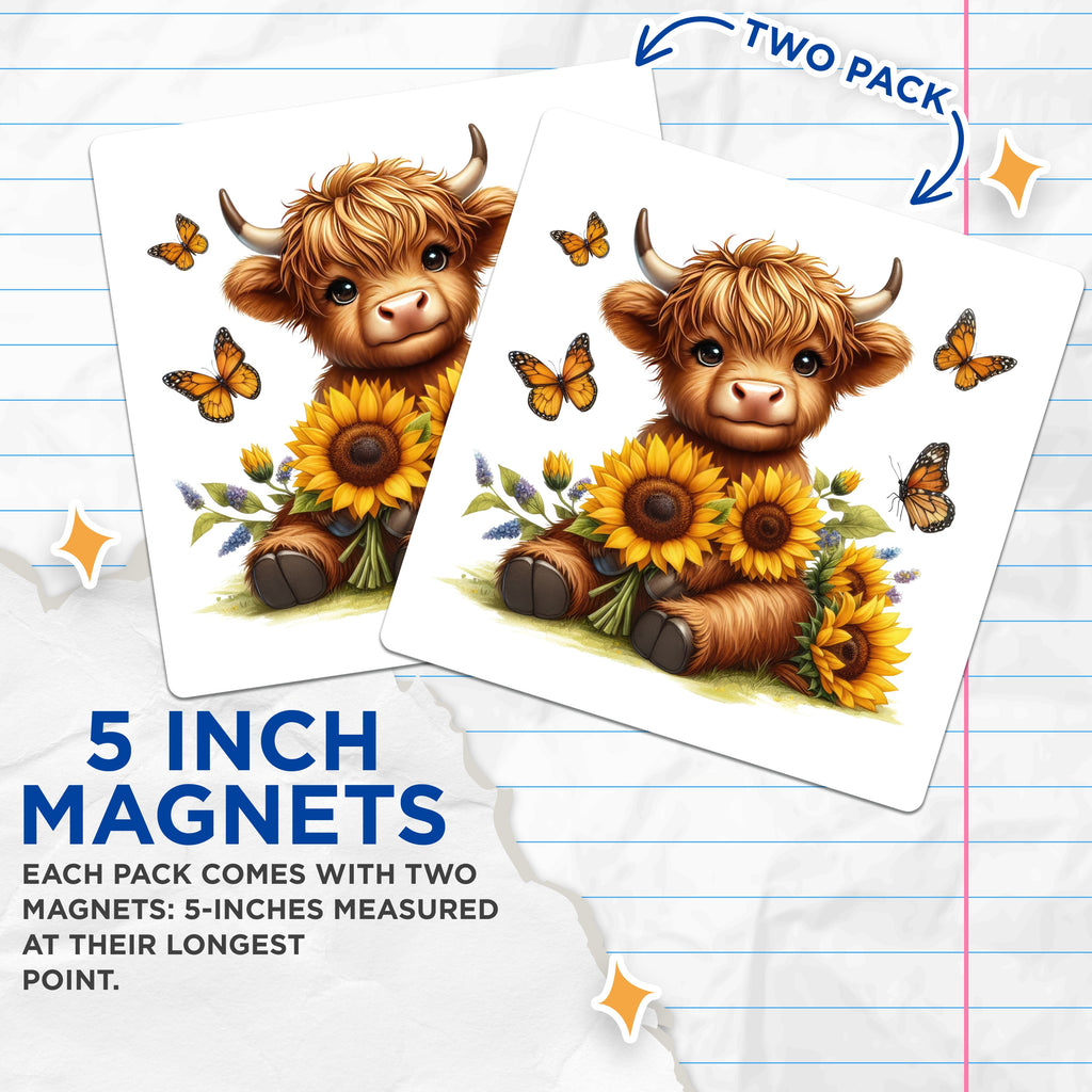 (2 Pack) Cute Highland Cow Magnets - Baby Calf Sunflowers - Whimsical Farm Animal Kitchen Decor - Refrigerator Locker Accent - 5 Inches On Longest Side - Thick Durable Magnet - Made in USA - MAG37096