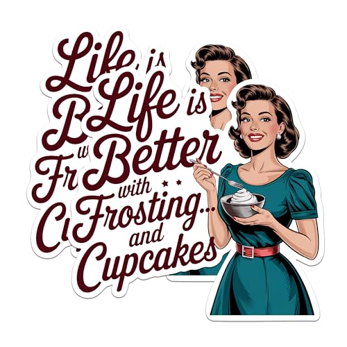 (2 Pack) Life is Better with Frosting Stickers - Cupcakes Lover Decorations - Retro Kitchen Art Stickers - 5" On Longest Side - Sticks to Any Smooth Flat Surface - Made in USA - BMCS2941