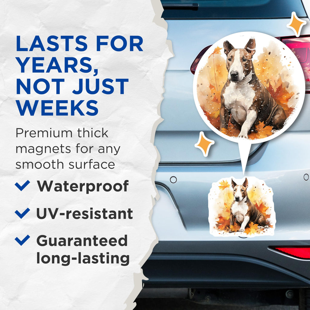 (2 Pack) Bull Terrier Magnets - Autumn Dog Decor - Fall Pet Lover Present - 5 Inches On Longest Side - Thick Durable Magnet - Made in USA - MAG25725