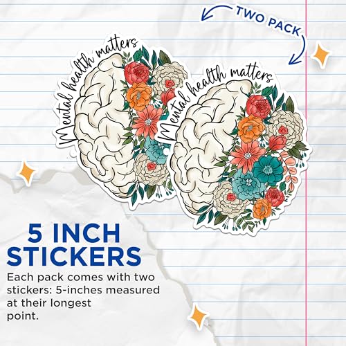(2 Pack) Mental Health Matters Stickers - Brain Flower Stickers - Inspirational Wellness Stickers - 5" On Longest Side - Sticks to Any Smooth Flat Surface - Made in USA - BMCS3002