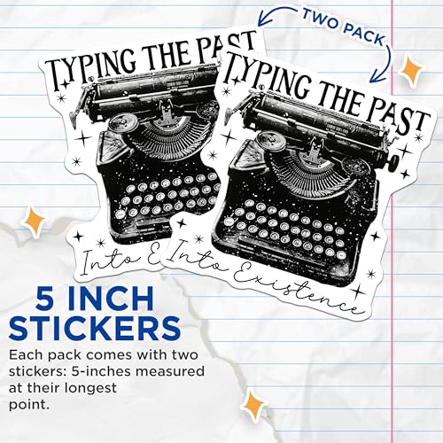 (2 Pack) Typing The Past Stickers - Into Existence Stickers - Retro Typewriter Stickers - 5" On Longest Side - Sticks to Any Smooth Flat Surface - Made in USA - BMCS3599