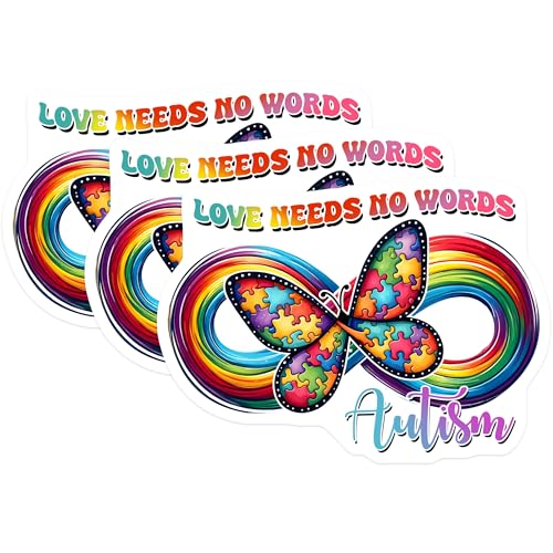 (3 Pack) Autism Awareness Decals - Butterfly Puzzle - Love Needs No Words Decals - 3 Inches On Longest Side - Easy Peel & Apply - Made in USA - 3MCS1988