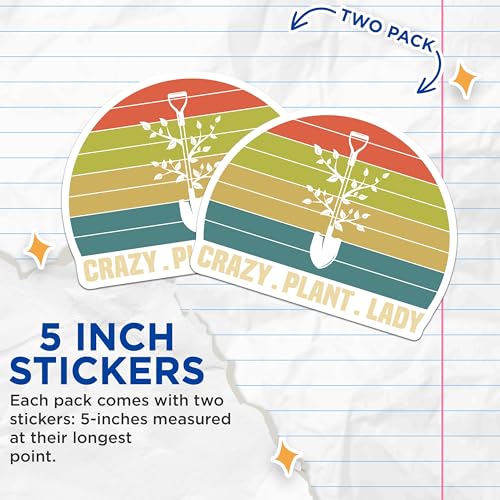 (2 Pack) Crazy Plant Lady Stickers - Gardening Stickers - Plant Lover Stickers - Cute Plant Design Stickers - 5" On Longest Side - Sticks to Smooth Flat Surfaces - Made in USA - BMCS4818
