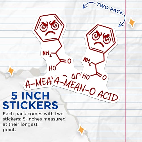 (2 Pack) A-Mean-O Acid Stickers - Funny Chemistry Stickers - Science Joke Stickers for Laptops and Water Bottles - 5" On Longest Side - Sticks to Smooth Flat Surfaces - Made in USA - BMCS5675