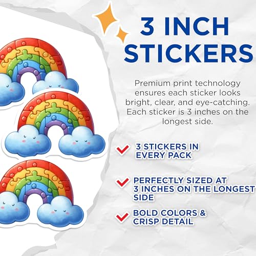 (3 Pack) Rainbow Decals - Puzzle Rainbow - Cloud Decals - 3 Inches On Longest Side - Easy Peel & Apply - Made in USA - 3MCS6017
