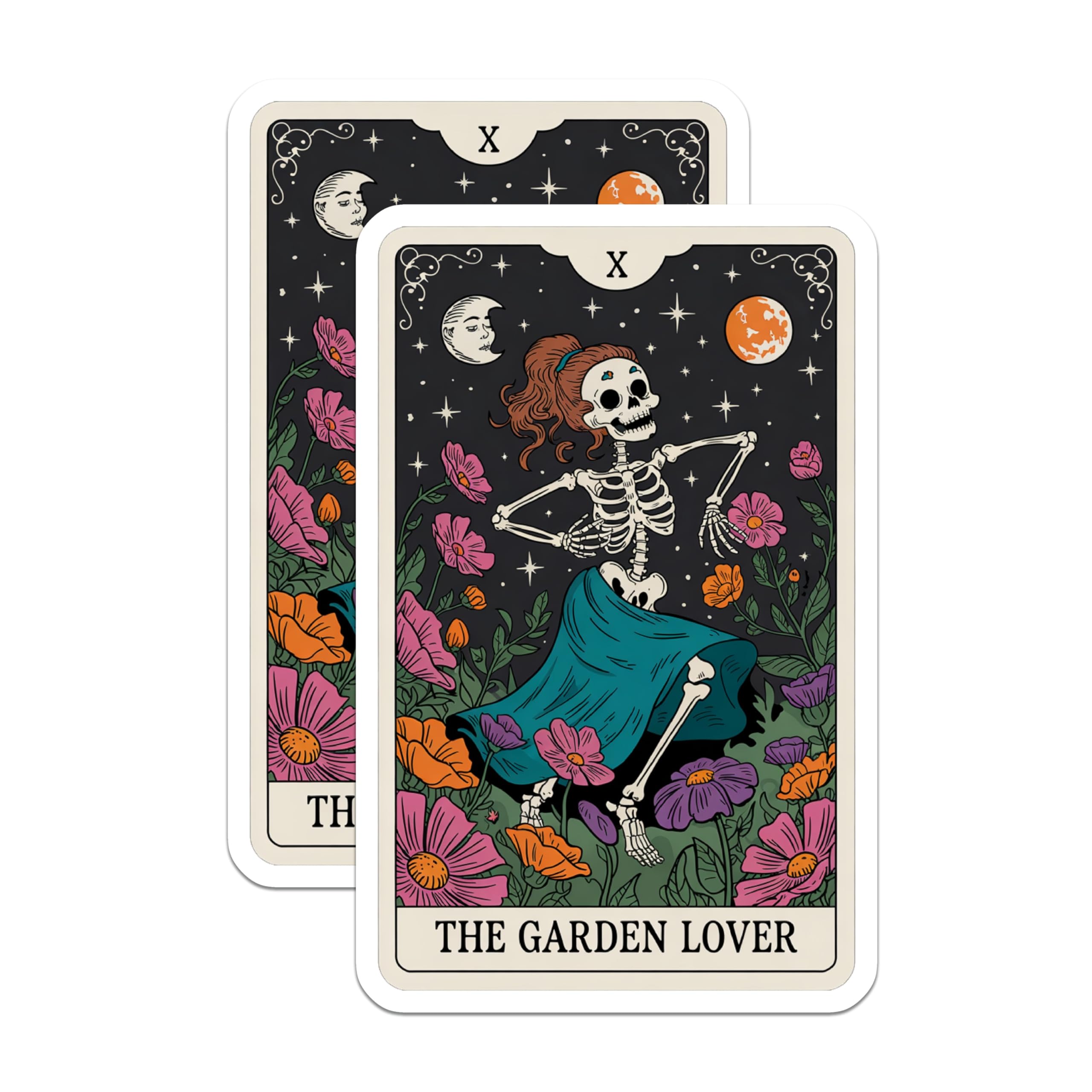 (2 Pack) Garden Lover Skeleton Magnets - Whimsical Tarot Card Art - Celestial Floral Refrigerator Decor - 5 Inches On Longest Side - Thick Durable Magnet - Made in USA - MAG20298