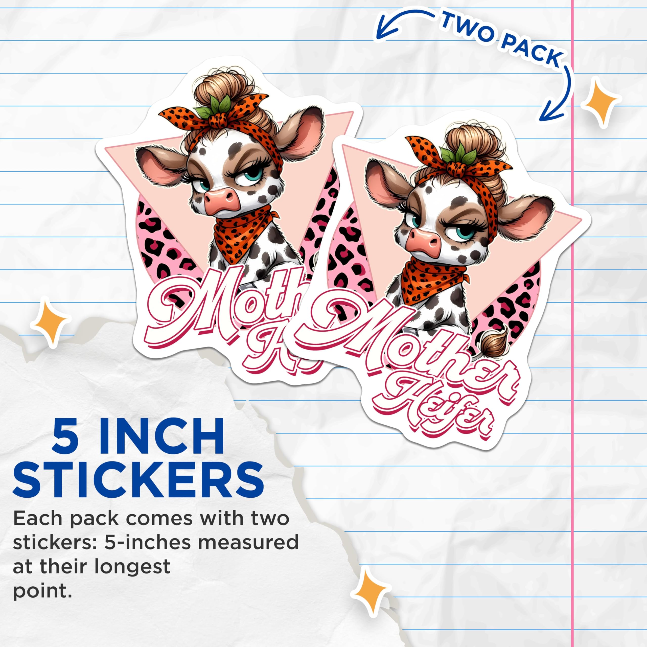 (2 Pack) Mother Heifer Stickers - Funny Cow Stickers - Farm Animal Stickers - 5" On Longest Side - Sticks to Smooth Flat Surfaces - Made in USA - BMCS3775