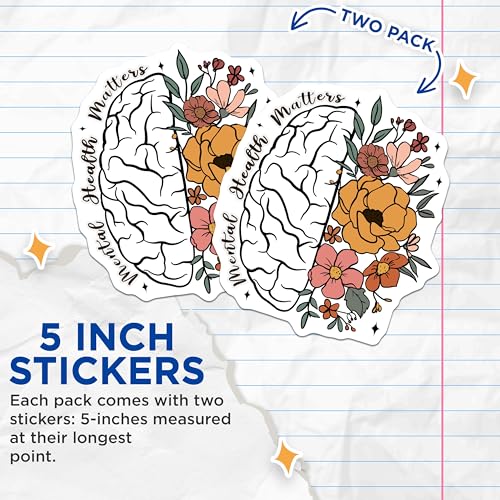 (2 Pack) Mental Health Matters Stickers - Brain Illustration - Floral Mental Health Art - Positive Mental Health Quotes - 5" On Longest Side - Sticks to Smooth Flat Surfaces - Made in USA - BMCS5902