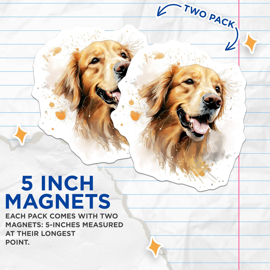 (2 Pack) Golden Retriever Magnets - Dog Lover Kitchen Decor - Pet Portrait Refrigerator Art - 5 Inches On Longest Side - Thick Durable Magnet - Made in USA - MAG25821