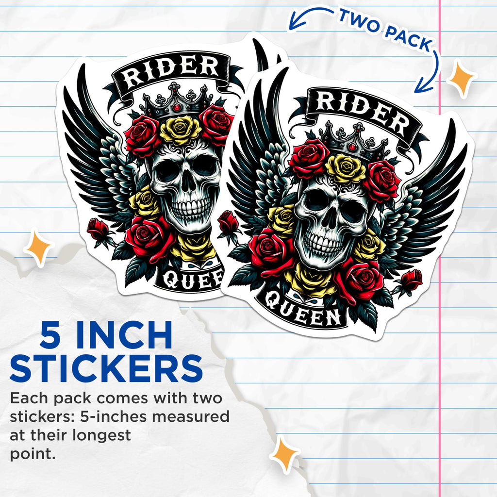 (2 Pack) Skull Rider Queen Stickers - Rose Tattoo Art - Motorcycle Helmet for Bikers - Rock and Roll - 5" On Longest Side - Sticks to Smooth Flat Surfaces - Made in USA - BMCS5279