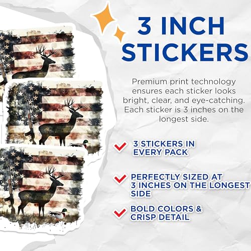 (3 Pack) Hunting Decals - American Flag Art - Deer Duck Rifle Decal - 3 Inches On Longest Side - Easy Peel & Apply - Made in USA - 3MCS4671