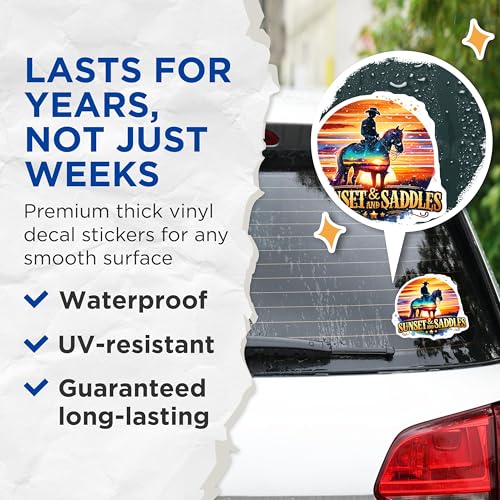 (2 Pack) Cowboy Riding Horse Stickers - Sunset Horseback Riding Scene - Western Cowboy Art Stickers - 5" On Longest Side - Sticks to Smooth Flat Surfaces - Made in USA - BMCS6997
