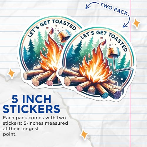 (2 Pack) Lets Get Toasted Stickers - Camping Fire - Campfire Fun - 5" On Longest Side - Sticks to Smooth Flat Surfaces - Made in USA - BMCS7023
