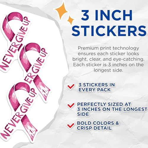 (3 Pack) Never Give Up Ribbon Decals - Motivational Decals - Inspirational Sticker - 3 Inches On Longest Side - Easy Peel & Apply - Made in USA - 3MCS7783