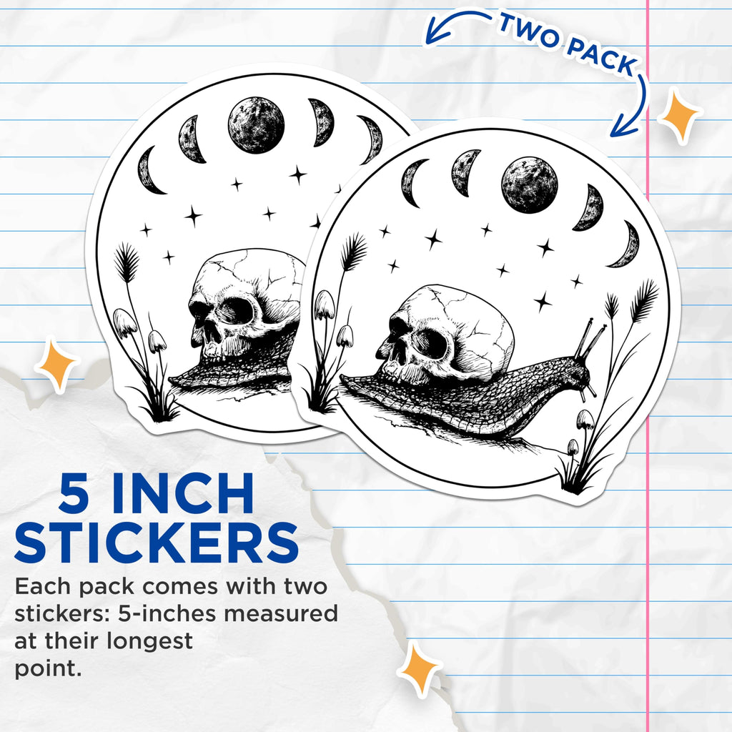 (2 Pack) Skull Snail Stickers - Moon Phases Art - Fantasy Creature Decals- 5" On Longest Side - Sticks to Smooth Flat Surfaces - Made in USA - BMCS16895