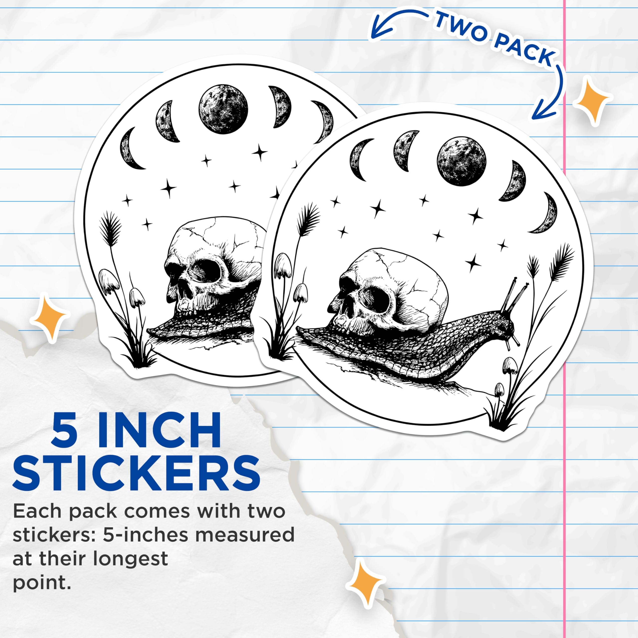 (2 Pack) Skull Snail Stickers - Moon Phases Art - Fantasy Creature Decals- 5" On Longest Side - Sticks to Smooth Flat Surfaces - Made in USA - BMCS16895