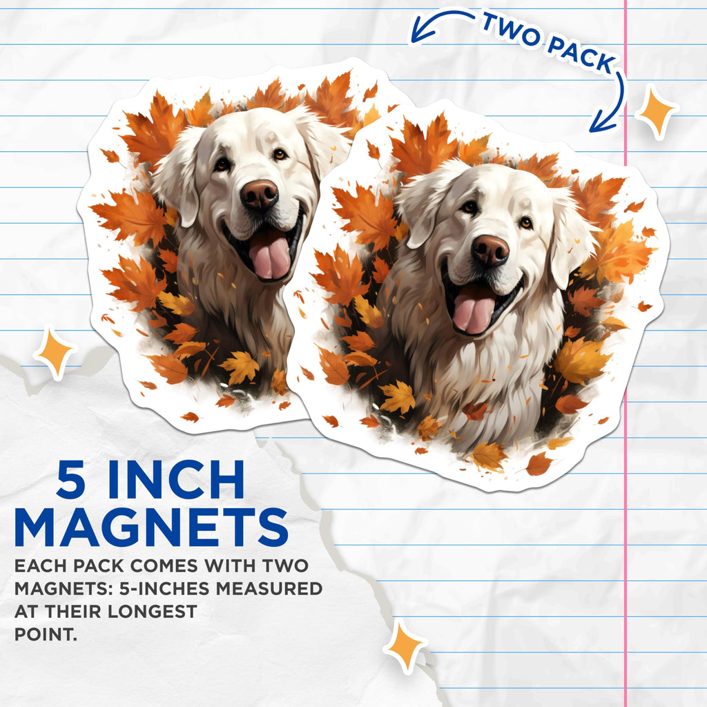 (2 Pack) Happy White Dog Magnets - Autumn Leaves Fall Decor - Smiling Pet Lover Fridge Accessory - 5 Inches On Longest Side - Thick Durable Magnet - Made in USA - MAG28961