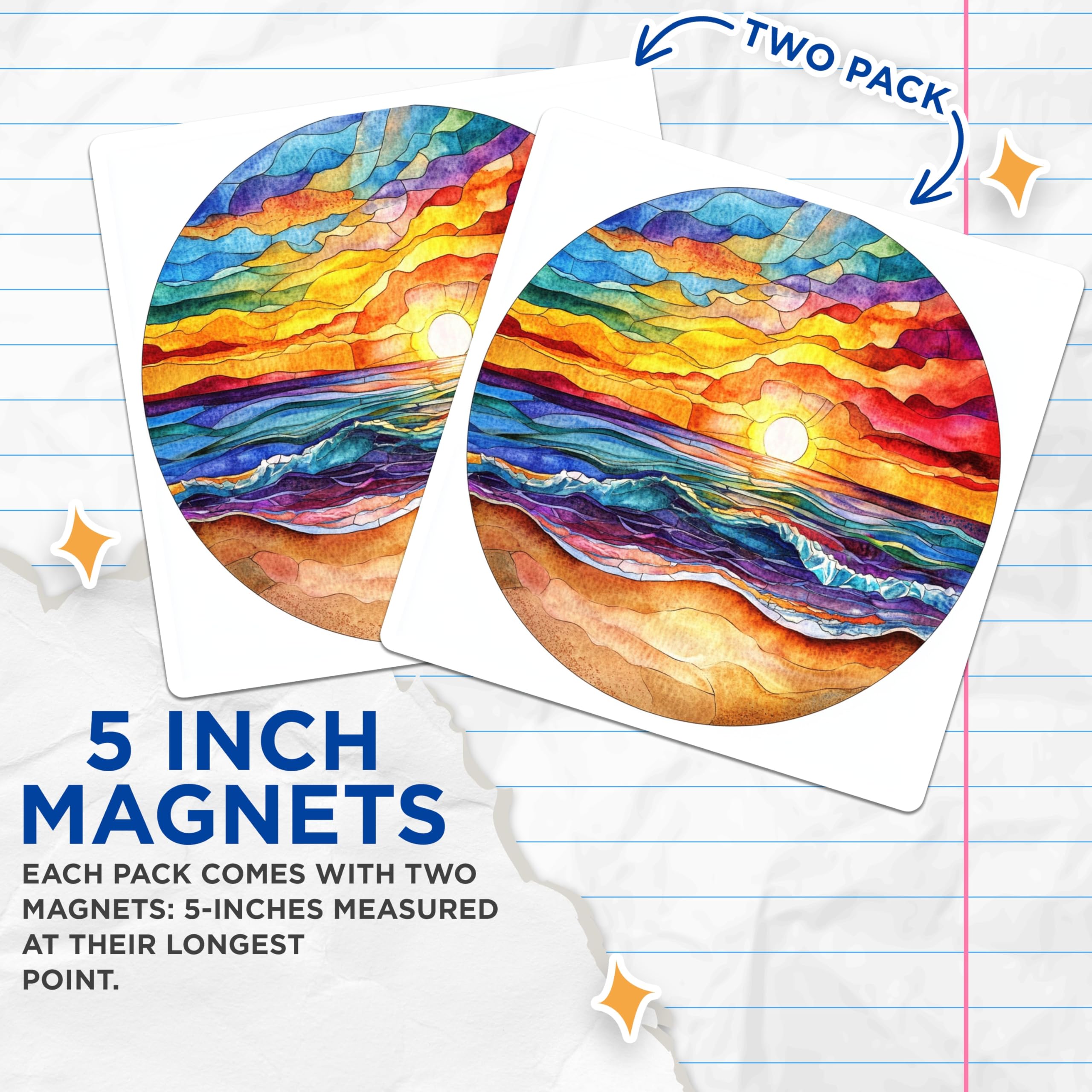 (2 Pack) Stained Glass Sunset Magnets - Vibrant Ocean Waves - Coastal Beach Decor - Mosaic Art Design - 5 Inches On Longest Side - Thick Durable Magnet - Made in USA - MAG26347