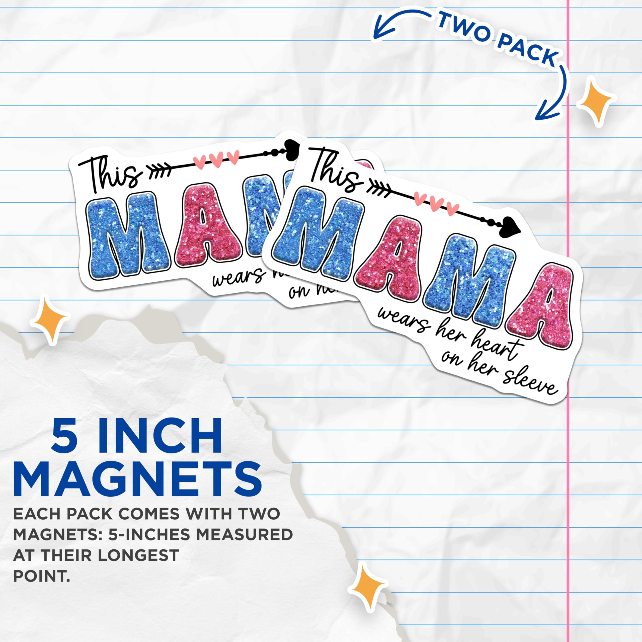 (2 Pack) Mama Wears Her Heart Magnets - Trendy Family Kitchen Decor - Inspirational Quotes for Moms - 5" On Longest Side - for Cars, Fridges, Toolboxes - Made in USA - MAG8181