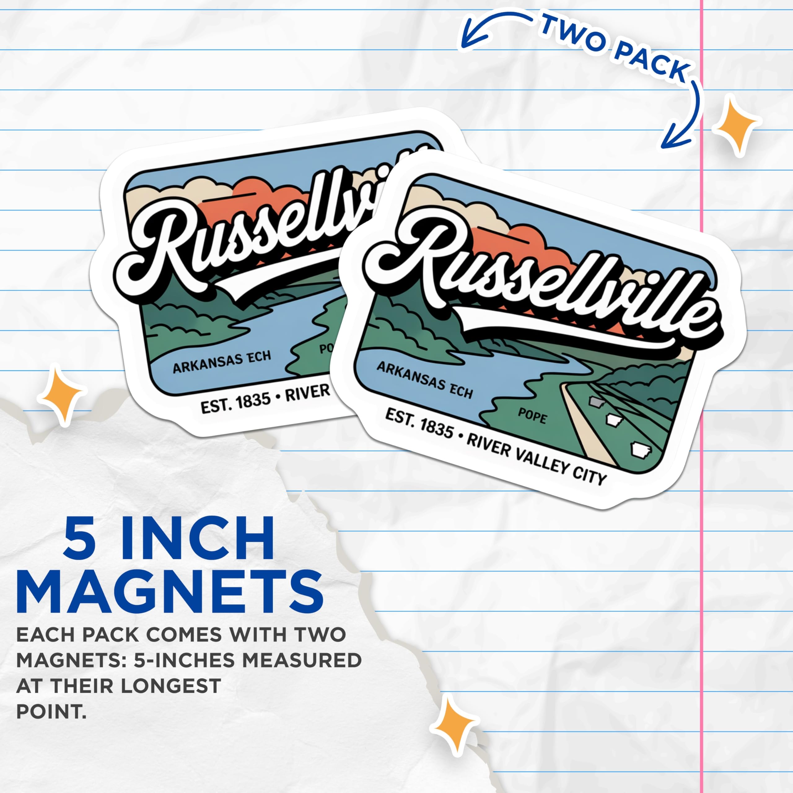 (2 Pack) Russellville Arkansas Magnets - River Valley City - Pope County Souvenir - 5" On Longest Side - Premium Magnet - for Cars, Refrigerators, Toolboxes, Lockers - Made in USA - MAG17592