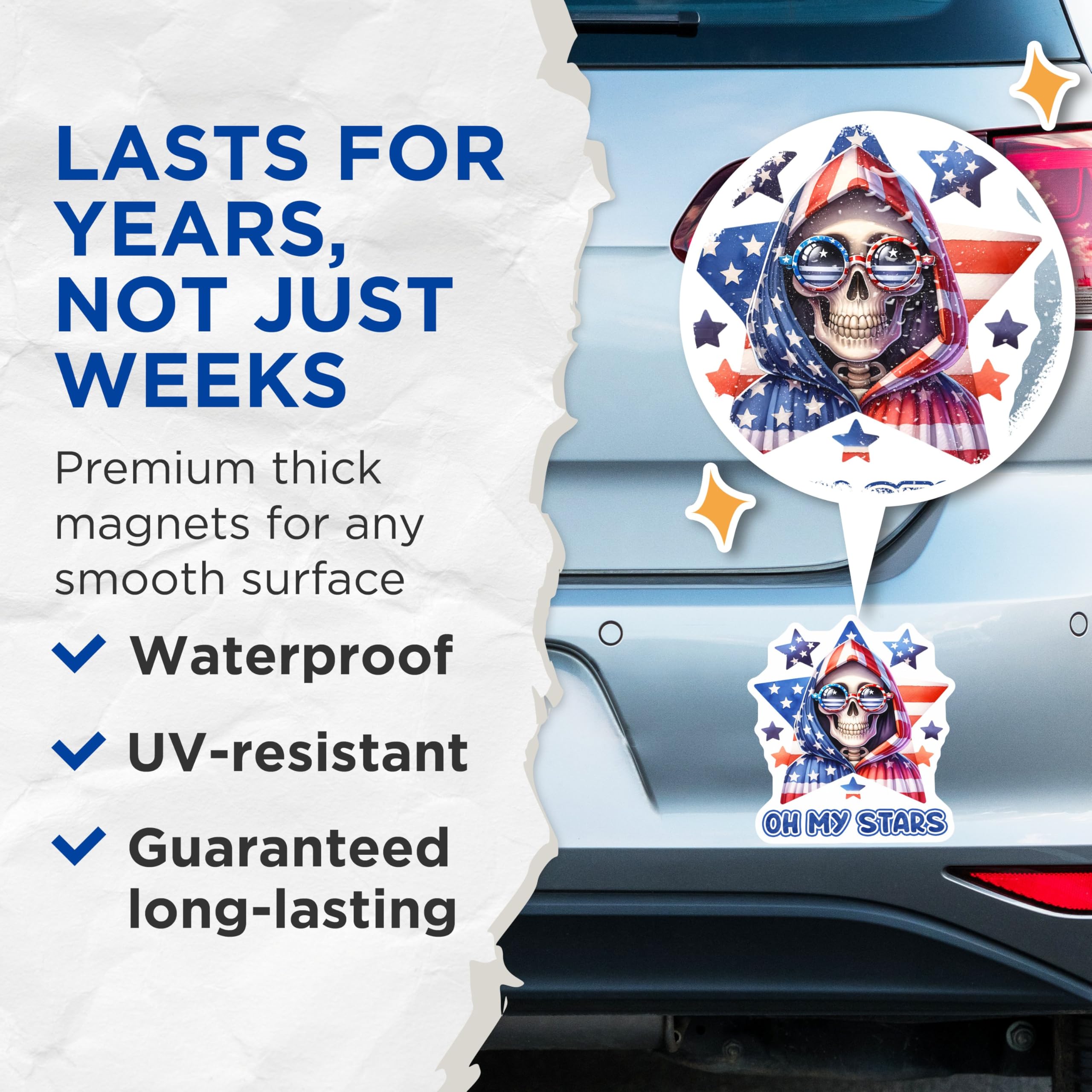 (2 Pack) Oh My Stars Skeleton Magnets - Patriotic Skeleton Decor - 5" On Longest Side - for Cars, Fridges, Toolboxes - Made in USA - MAG7923