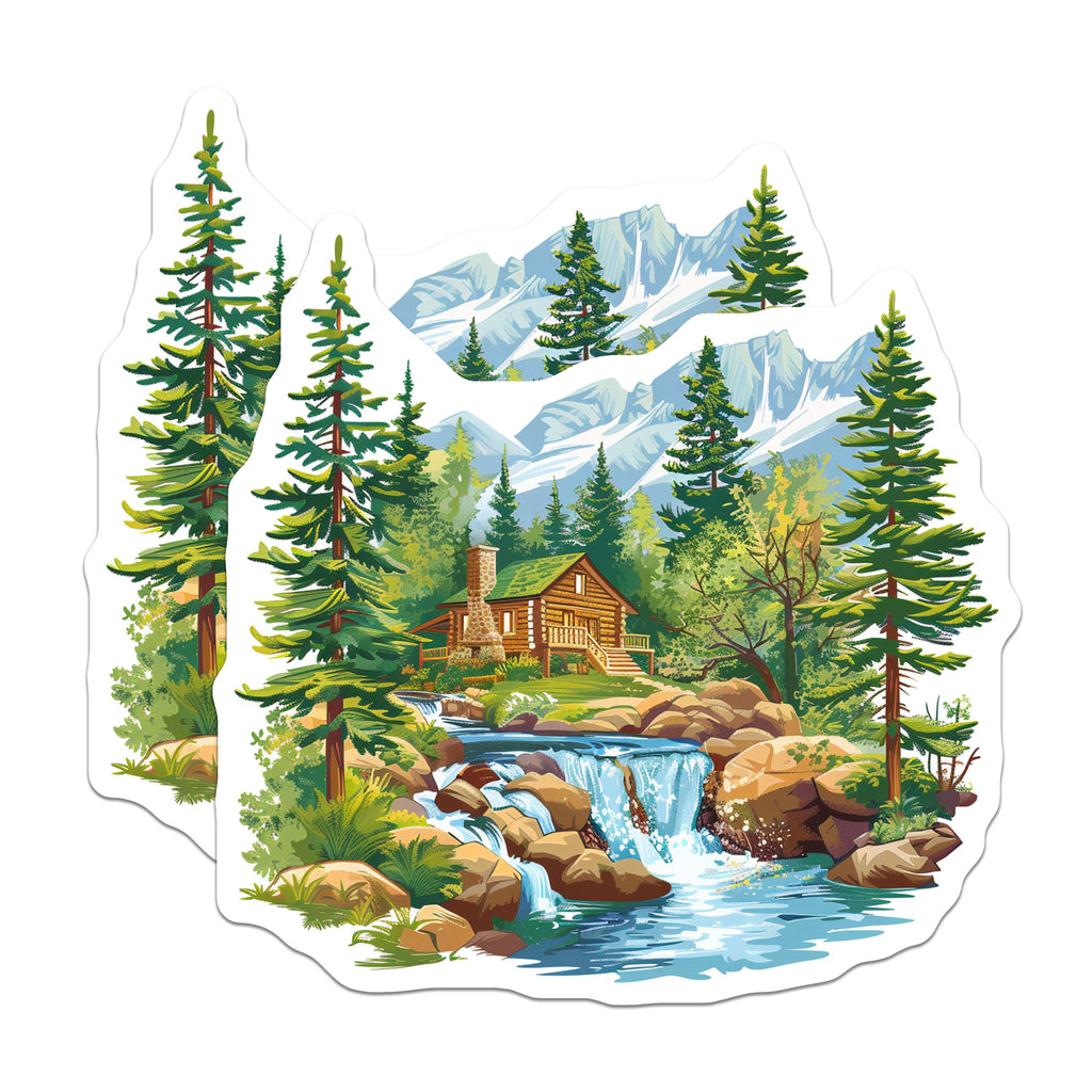 (2 Pack) Log Cabin Waterfall Magnets - Rustic Nature Decor - Mountain Forest Scene Fridge Magnet - 5 Inches On Longest Side - Thick Durable Magnet - Made in USA - MAG37262