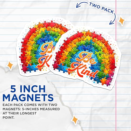 (2 Pack) Be Kind Puzzle Rainbow Magnets - Inspirational Quote - Colorful Art - 5" On Longest Side - for Cars, Fridges, Toolboxes - Made in USA - MAG8123