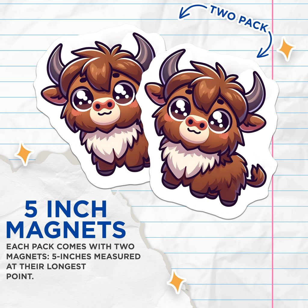 (2 Pack) Cute Highland Cow Magnets - Kawaii Baby Yak Decor - Fluffy Animal Fridge Locker Decor - 5 Inches On Longest Side - Thick Durable Magnet - Made in USA - MAG37944