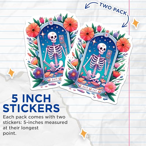 (2 Pack) Skeleton Tarot Stickers - Flower Skeleton Stickers - Starry Night Skeleton Sticker - 5" On Longest Side - Sticks to Smooth Flat Surfaces - Made in USA - BMCS9406