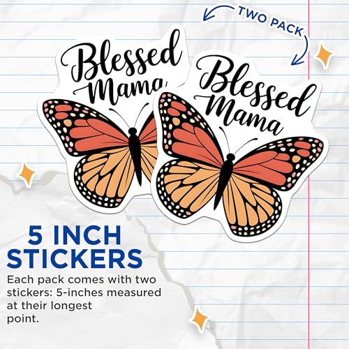 (2 Pack) Blessed Mama Stickers - Butterfly Design - Inspirational Stickers for Mom - Uplifting Stickers for Mamas - 5" On Longest Side - Sticks to Smooth Flat Surfaces - Made in USA - BMCS3914