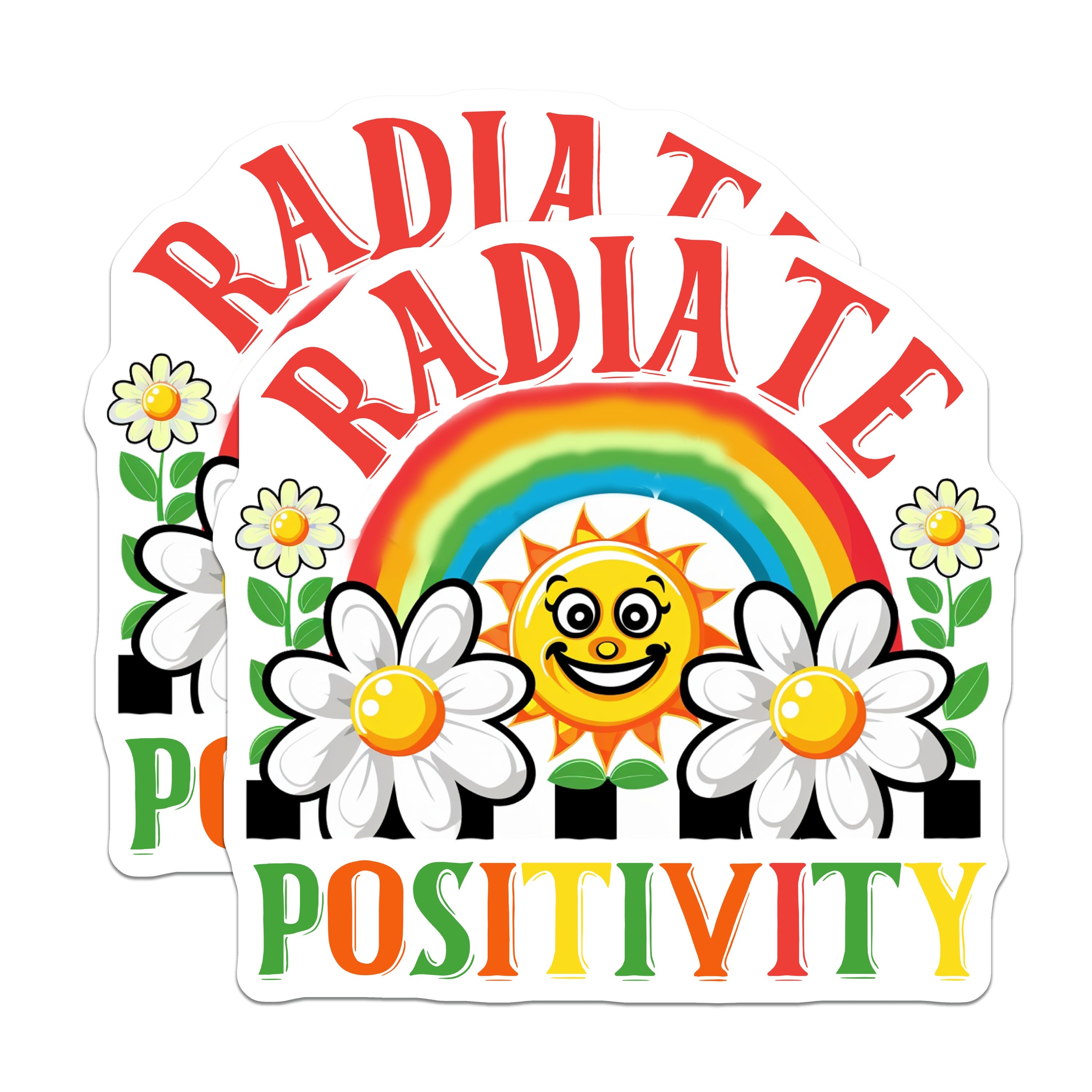 (2 Pack) Radiate Positivity Magnets - Groovy Retro Decor - Happy Sun Rainbow Daisies - Affirmation Message - Good Vibes Fridge Locker Magnet - 5" - Durable Magnet - Made in USA - MAG38716