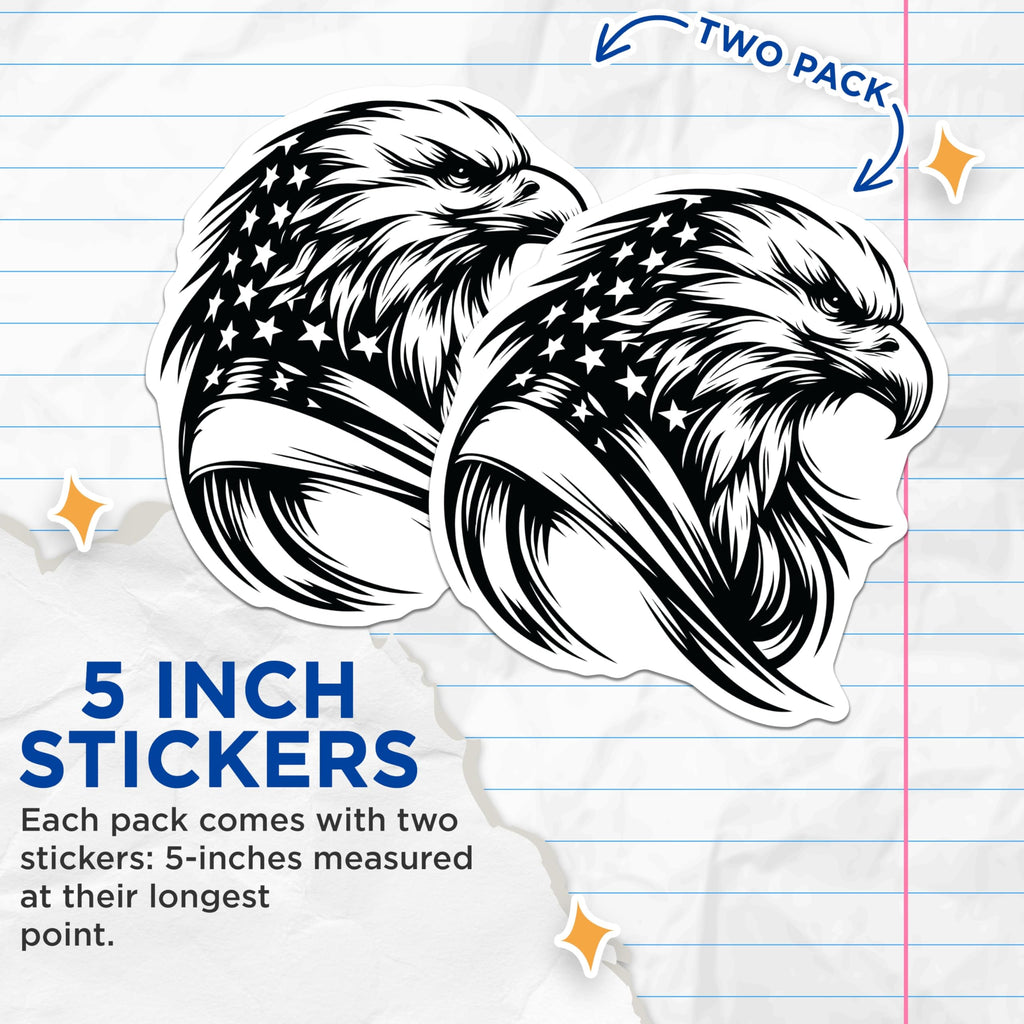(2 Pack) American Eagle Stickers - Patriotic USA Symbol - Bald Eagle Decals- 5" On Longest Side - Sticks to Smooth Flat Surfaces - Made in USA - BMCS16558