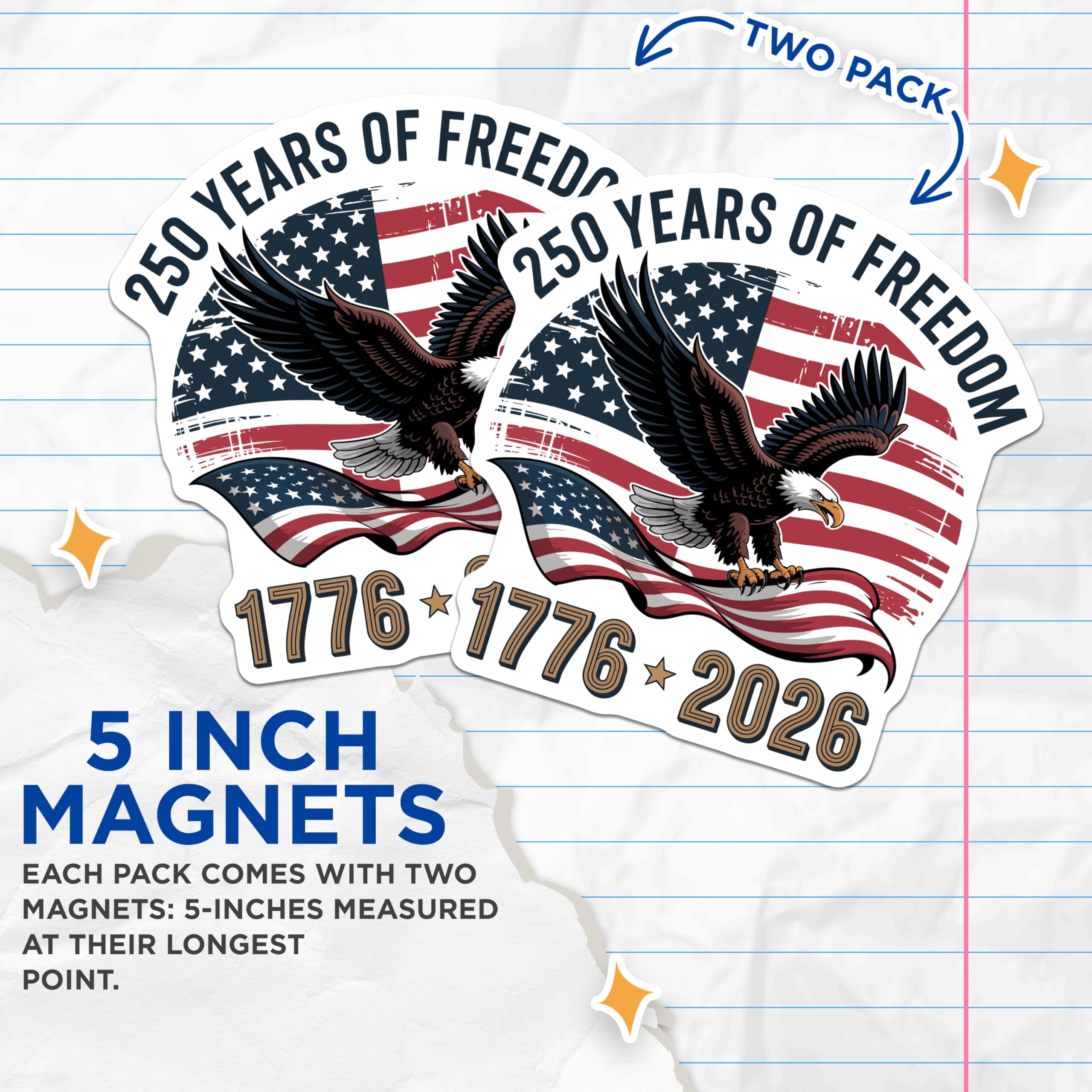 (2 Pack) 250 Years Freedom Magnets - American Eagle Flag - Patriotic USA Bicentennial Decor - 5 Inches On Longest Side - Thick Durable Magnet - Made in USA - MAG20761