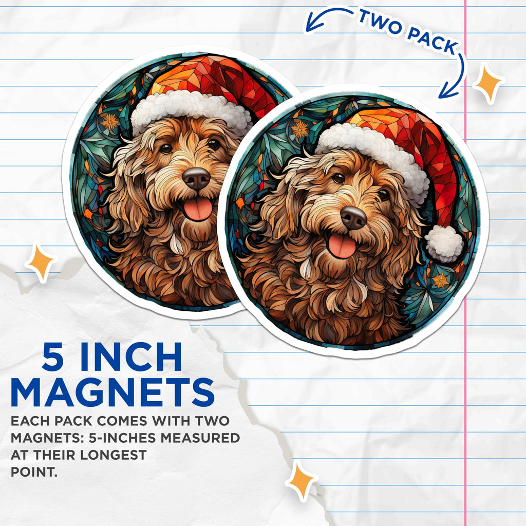 (2 Pack) Christmas Doodle Dog Magnets - Stained Glass Pet Art - Santa Hat Goldendoodle Labradoodle Holiday Decor - 5 Inches On Longest Side - Thick Durable Magnet - Made in USA - MAG29663